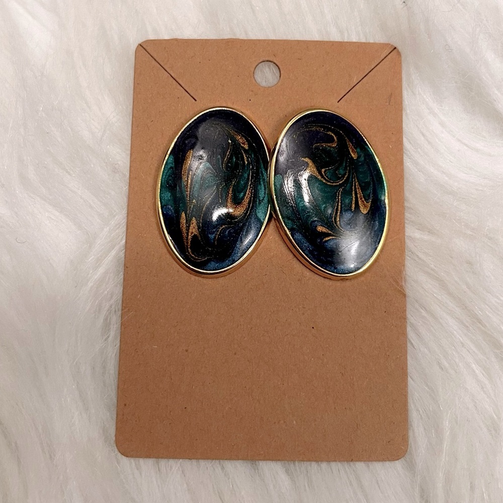 Vintage‎ Style Marbled Teal Gold Oval Stud Earrings Blue Green Statement Jewelry